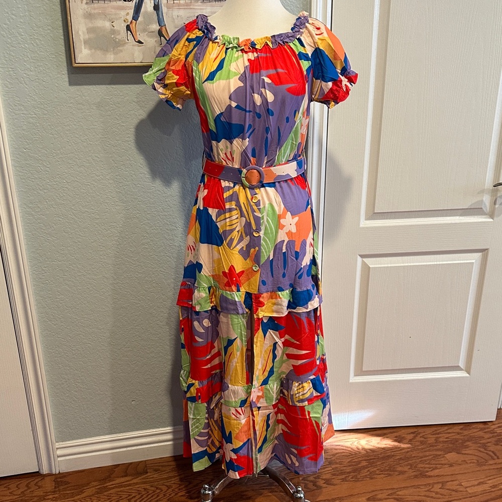 Fashion Space Sz Large Multicolor Tropical Print Maxi Dress with Belt • NWT!